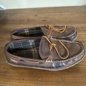 LL Bean Men's Flannel Lined Brown Slippers Size 9M Leather Moccasin Shoes